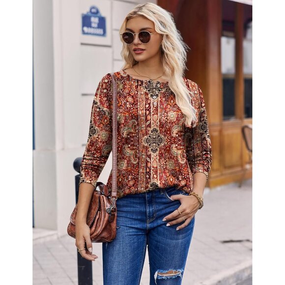 Long Sleeve Women's Henley Shirt Polyester Spandex Loose Fit Casual Tops - Picture 2 of 7